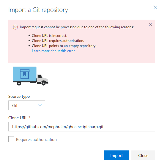 Import request cannot be processed due to one of the following reasons